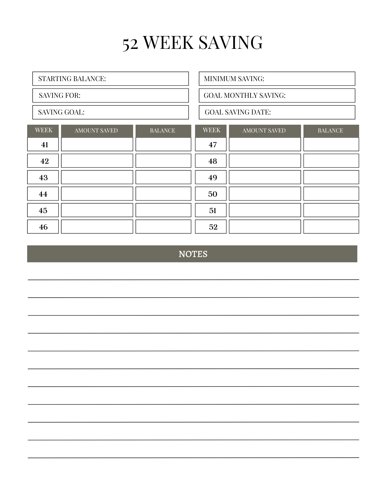 The 52 Week Savings Tracker (Download PDF)